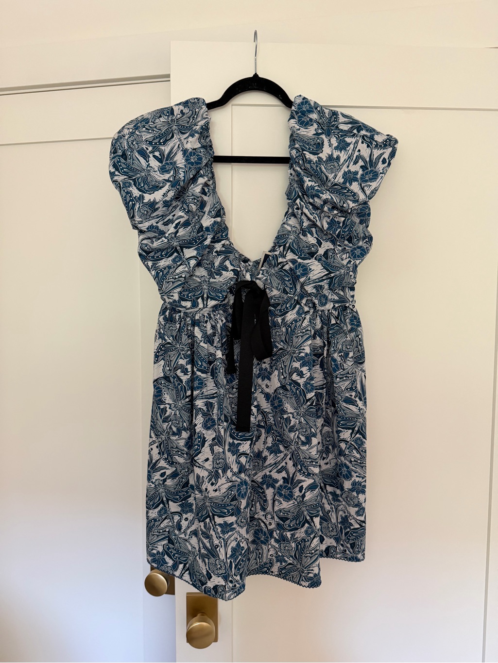 Agua By Agua Bendita Blue Floral Ruffle Mini Dress With Navy Tie